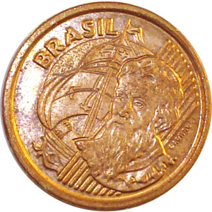 Anverso R$ 0,01 (1 centavo, Pedro Álvares Cabral, cobre sobre aço)