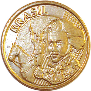 Anverso R$ 0,10 (10 centavos, D. Pedro I, bronze sobre aço)