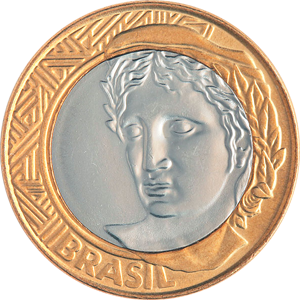 Anverso R$ 1,00 (1 real, bimetálica, anel de bronze + núcleo de aço inoxidável)