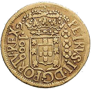 Moeda de ouro com legenda de D. Pedro II, Rei de Portugal