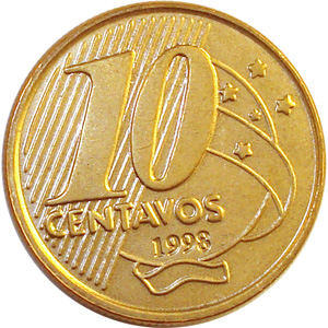 R$ 0,10 - 10 centavos, D. Pedro I, bronze sobre aço