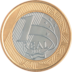 R$ 1,00 - 1 real, bimetálica, anel de bronze + núcleo de aço inoxidável