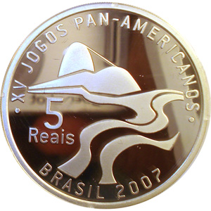 R$ 5,00 - Comemorativa à realização dos jogos Pan-americanos no Rio de Janeiro